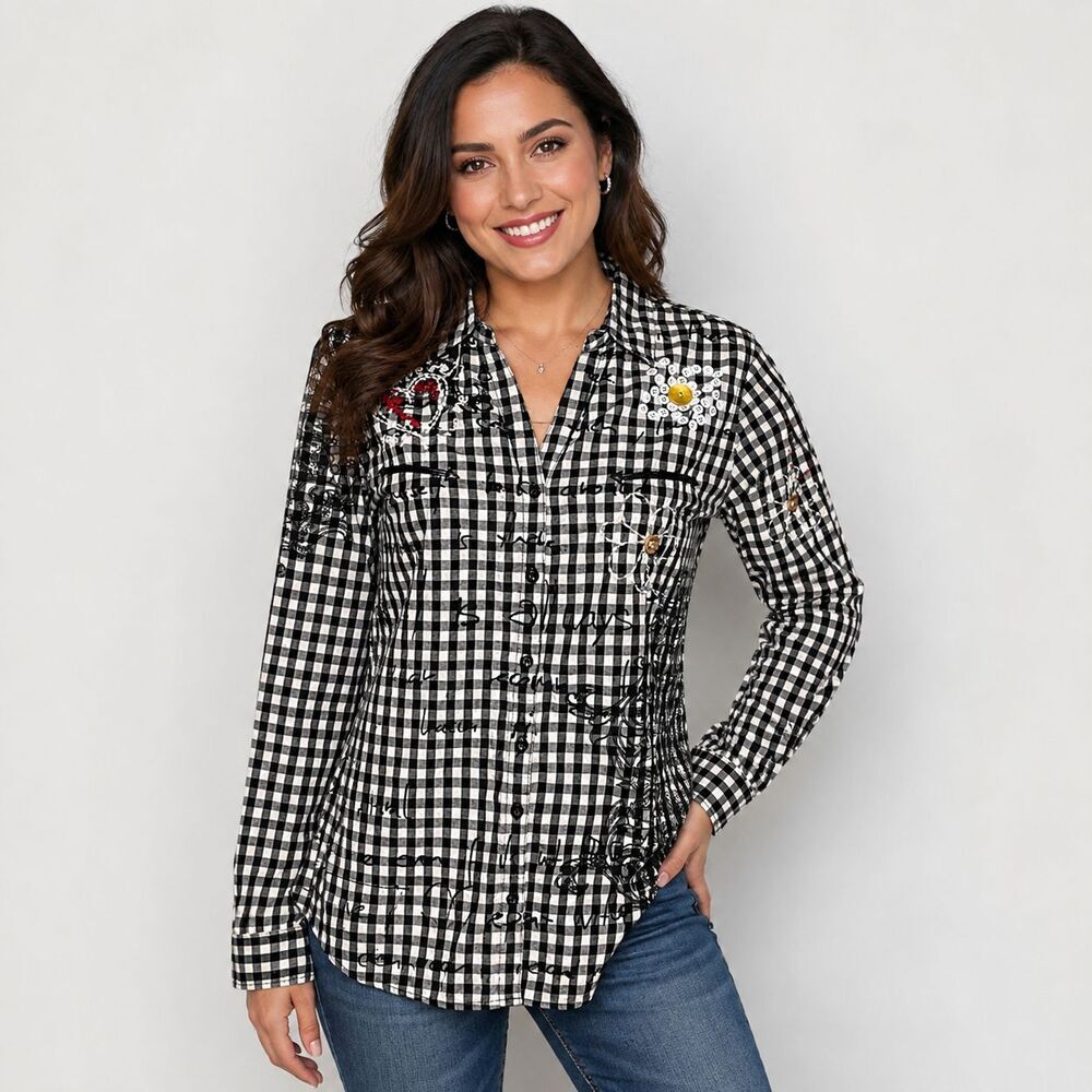 Desigual XL Black White Gingham Button Up Shirt Artsy Embroidered Heart Top